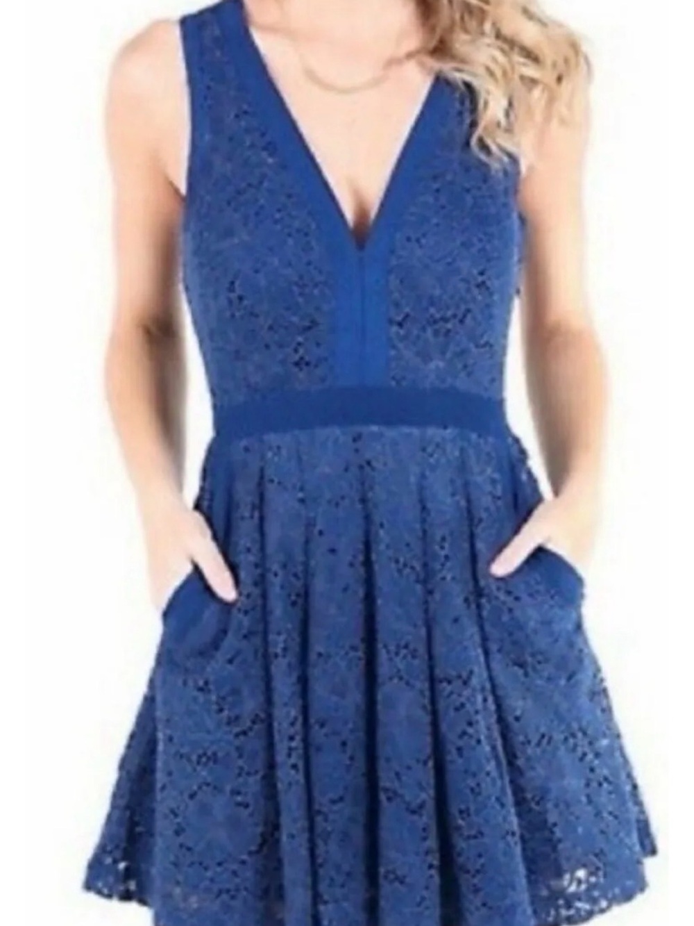 Free People Royal Blue Lace V-Neck Fit & Flare Mini Dress